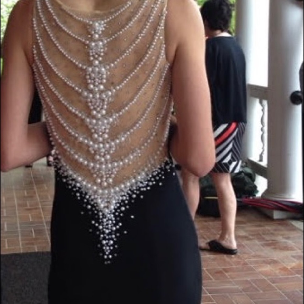 Tiffany Designs. Formal prom dress. Full length, black, beaded, pearls, crystals